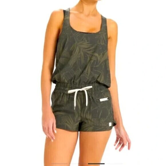 Vuori Pants - Vuori Womens Clementine Romper Racerback Oregano Rainforest Print Green Large
